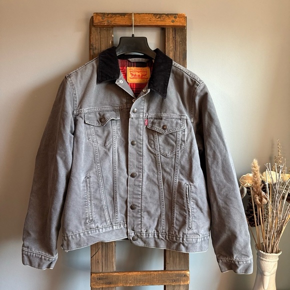 Levis Trucker Jacket Mens Size L Gray Corduroy Collar Plaid Flannel Lined - Picture 1 of 8